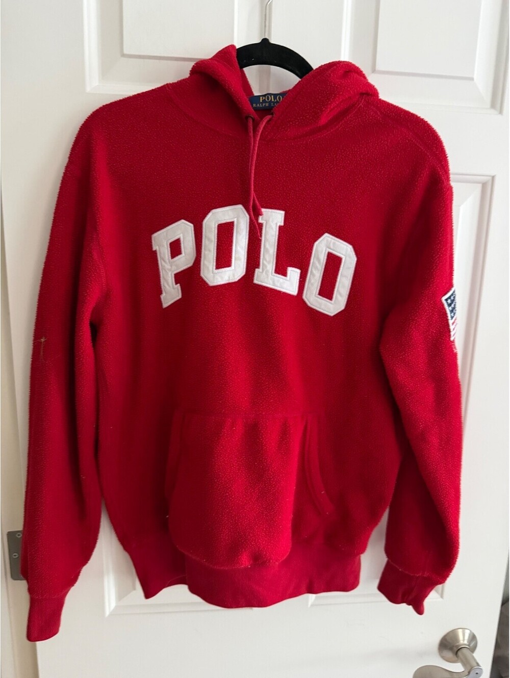 Polo Ralph Lauren Red Sherpa Fleece Hoodie Sweatshirt U.S.A. Flag Men's Small S